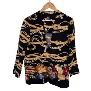 Ali Miles Blazer Jacket Womens 6 Black Gold Rayon‎ Equestrian Print Viontage